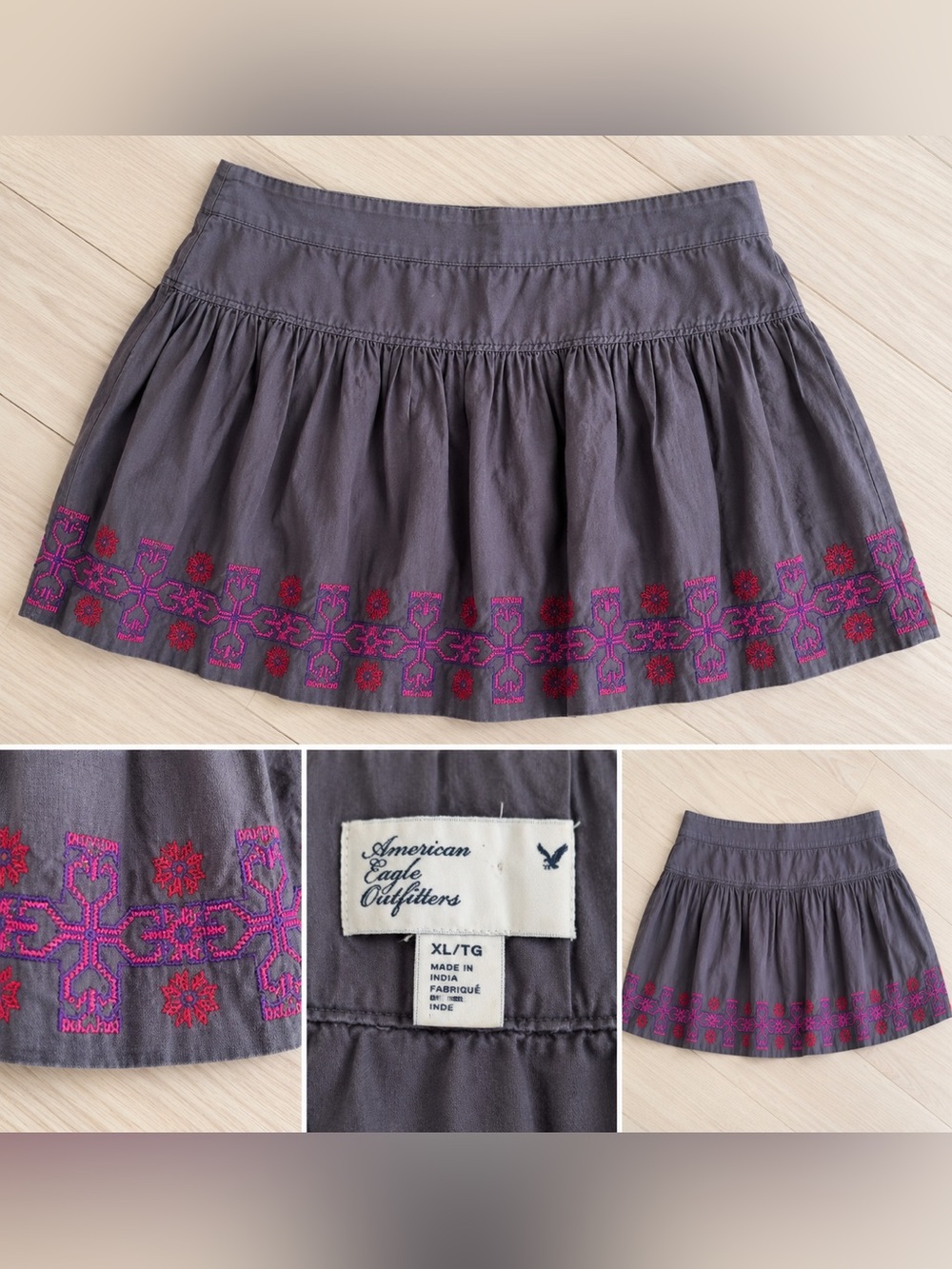 American Eagle Outfitters Charcoal Skater Skirt with Pink Embroidery